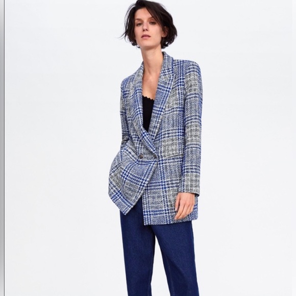 Zara Jackets & Blazers - Zara Blue Plaid Tweed blazer coat plaid size S